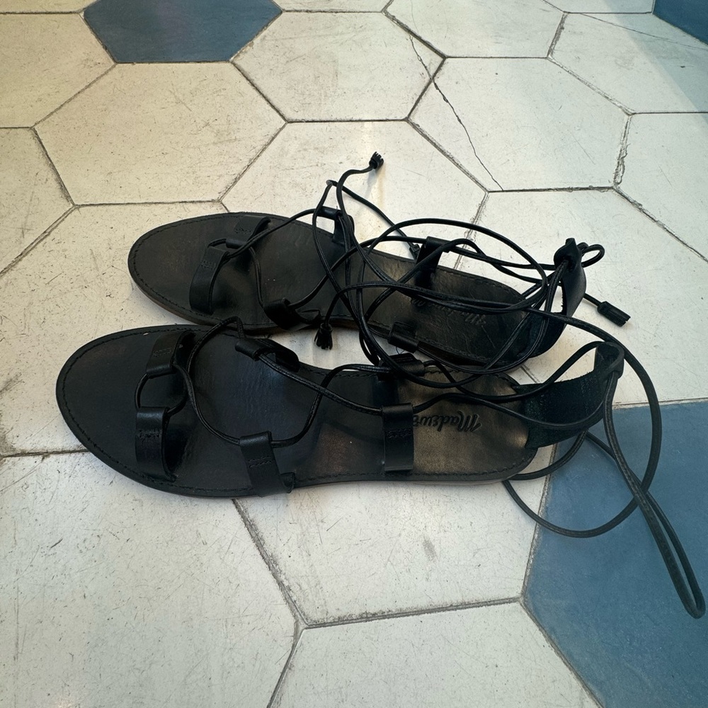 Black Madewell Lace Up Flat Sandal, Size 11